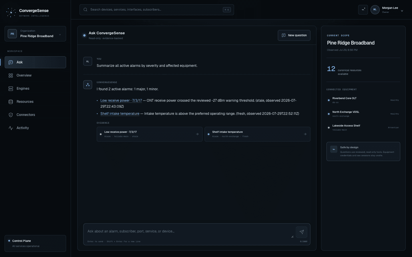 Ask ConvergeSense showing an evidence-backed alarm summary in the operator workspace
