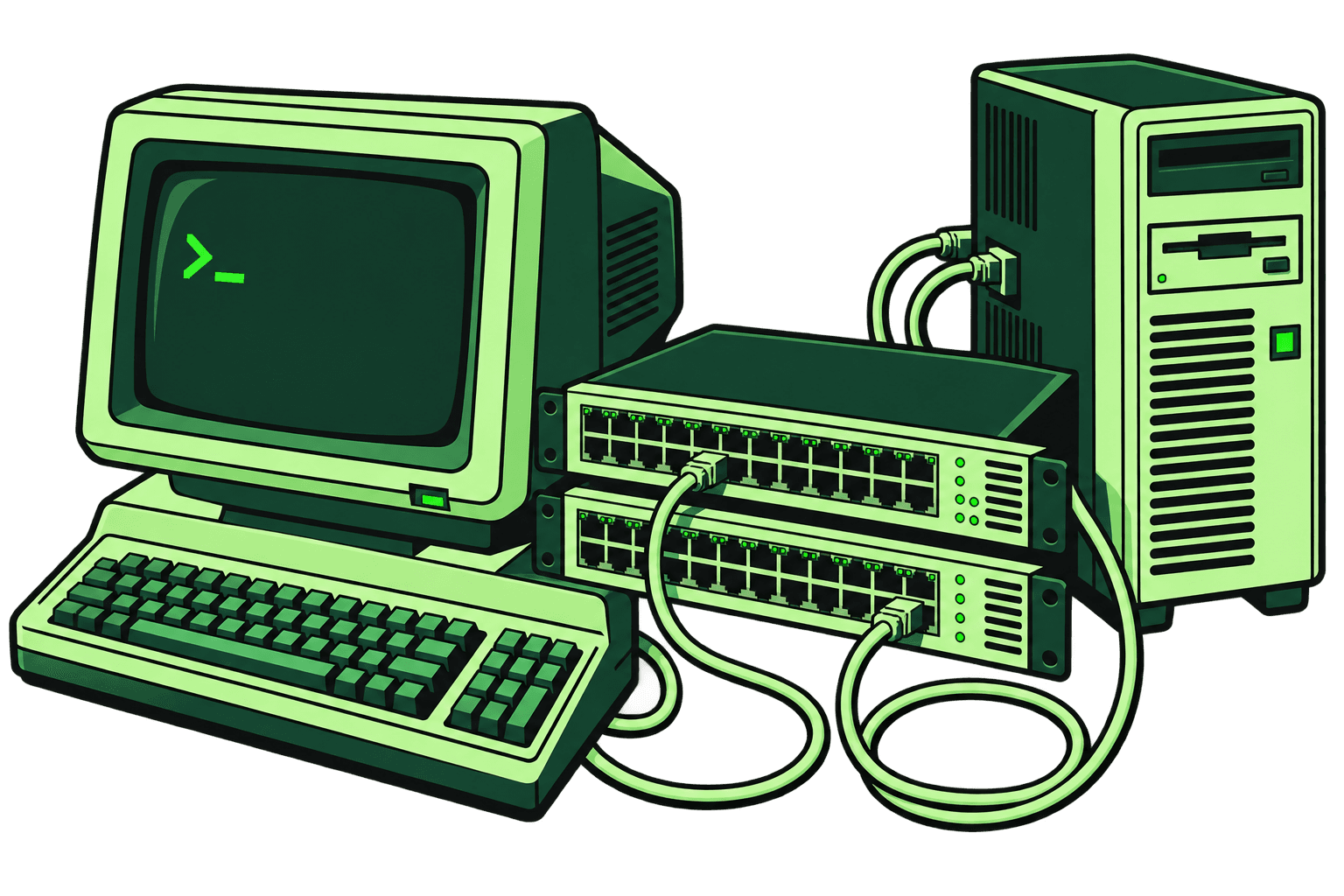 A retro CRT terminal, network switches, and server connected by cables